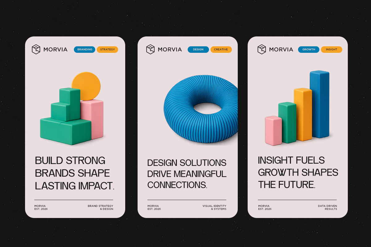 Three Morvia brand cards with 3D shapes: stacked blocks with sphere, blue torus, colored bars chart