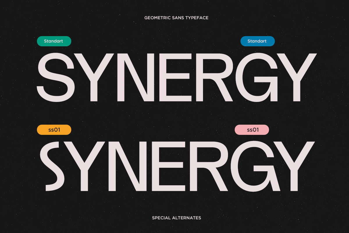 Synergy geometric sans typeface with standard plus stylistic alternates shown