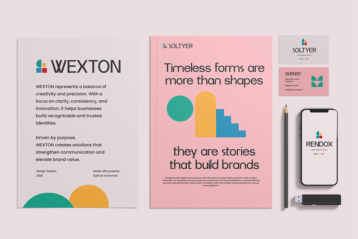 Wexton design system mockup with colorful geometric shapes, brand guidelines, business cards, phone, pen