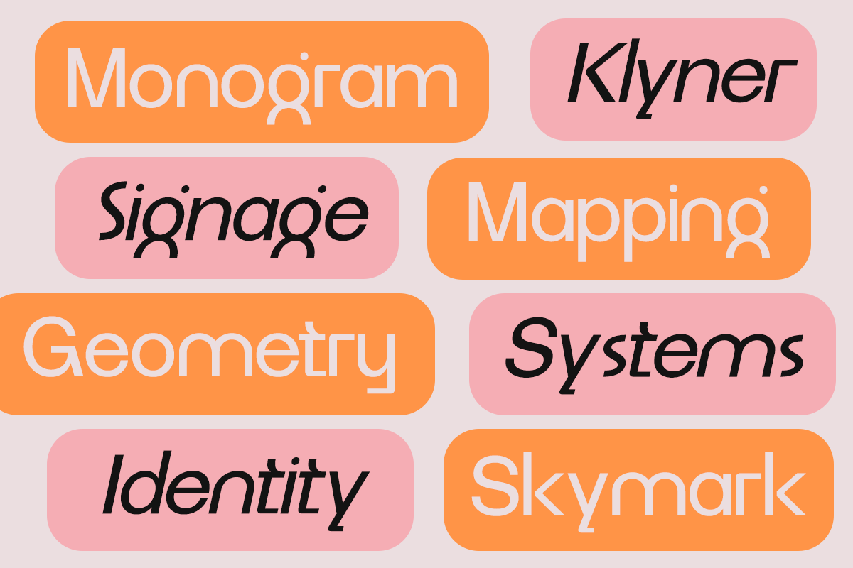 Grid of 8 rounded label mockups in orange plus pink with various sans serif typefaces displayed