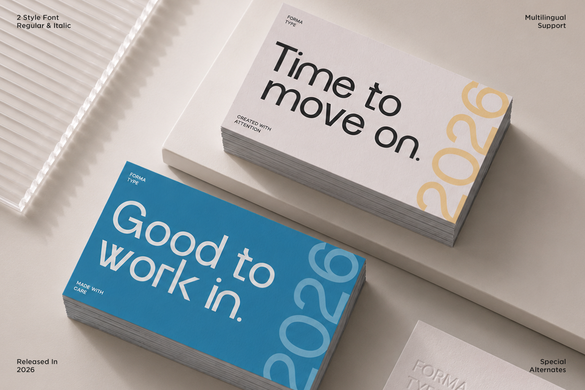 Stacked business cards showing Forma typeface in regular, italic, plus gold numeral variations on cream, blue, cream backgrounds