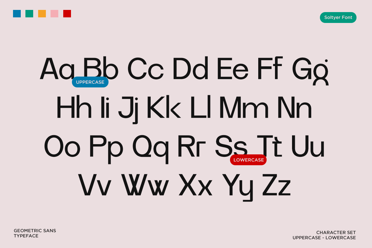 Soltyer Font geometric sans typeface showing full character set with uppercase lowercase letters
