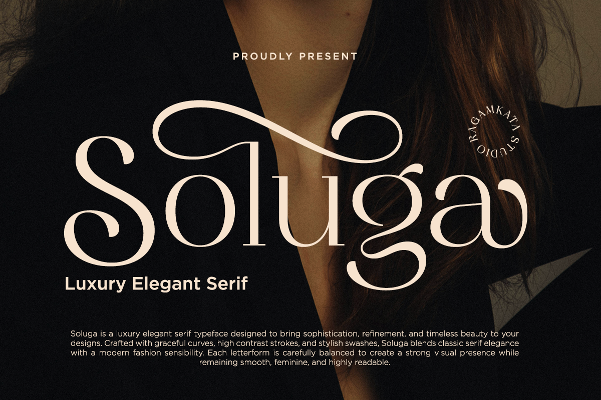 Soluga luxury serif font with elegant flourishes over moody portrait backdrop