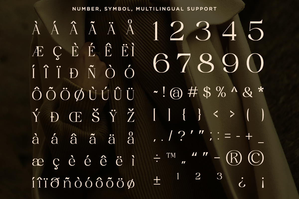 Serif font specimen showing numbers, accented characters, symbols with multilingual support