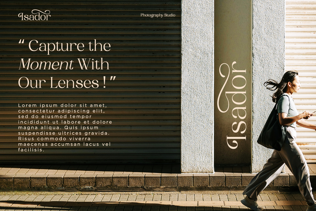 Isador Photography Studio storefront mockup with person jogging past dark wood wall, elegant typography, neutral columns