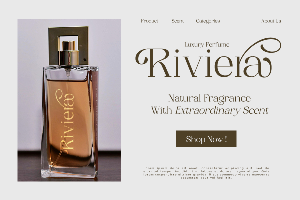 Luxury perfume bottle mockup with gold accents on lavender background, full website layout
