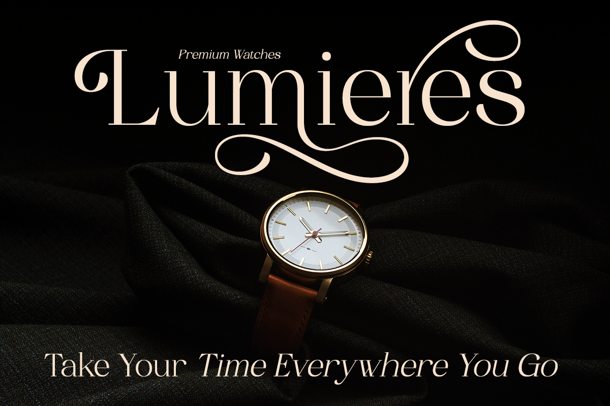 Luxury watch brand mockup with cream serif typography on black fabric backdrop