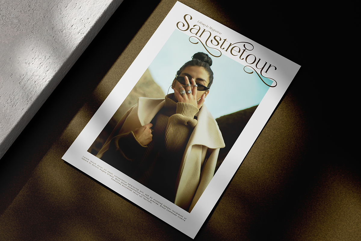 Magazine cover mockup with elegant serif typography, moody fashion photography of woman in sunglasses