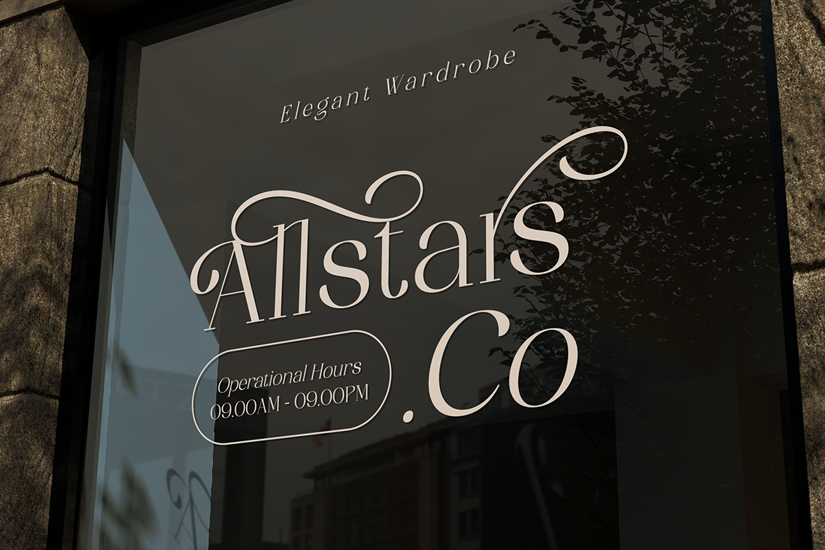 Storefront window mockup showing elegant serif typography on dark glass with foliage overlay