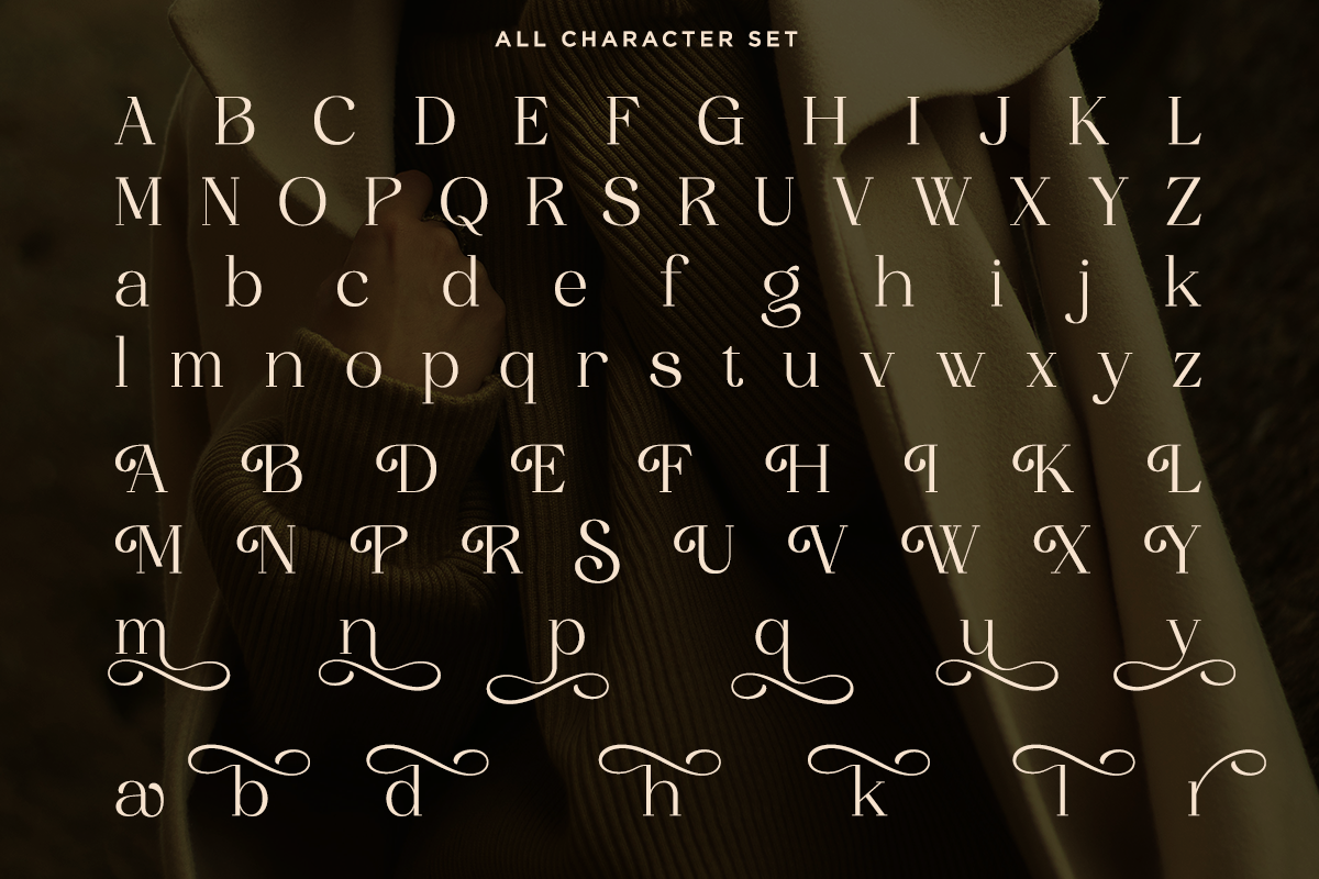 Elegant serif font showing uppercase, lowercase, decorative swashes, ligatures over textured background