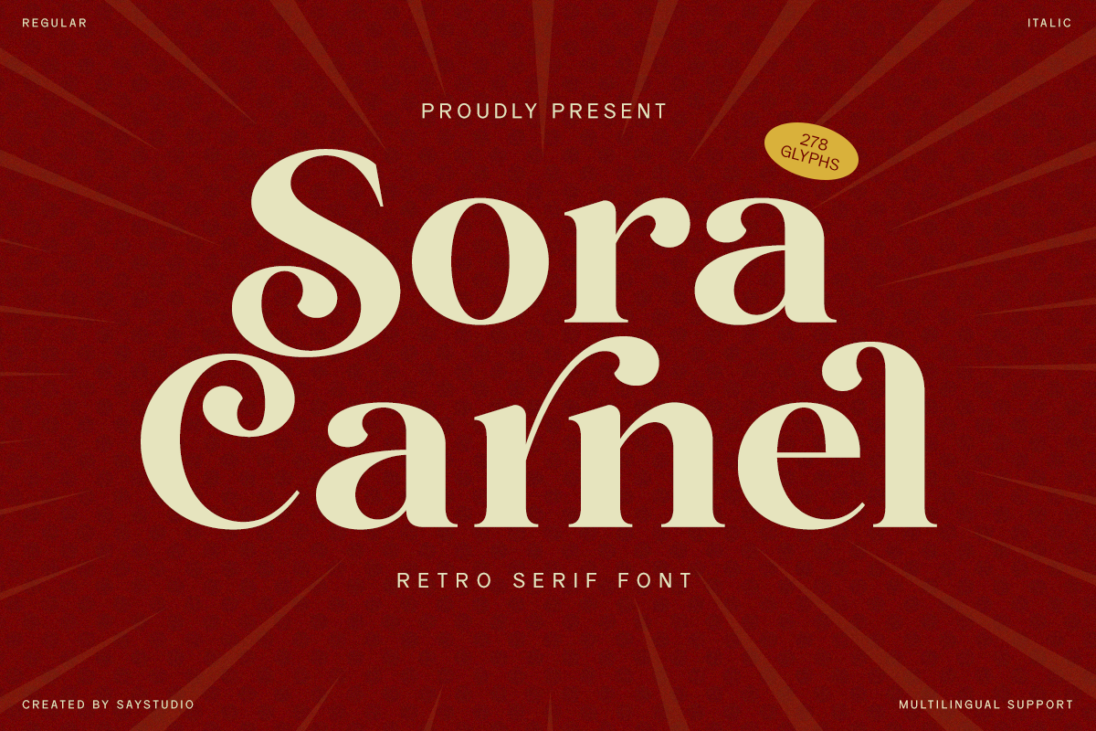 Sora Carnel retro serif font displayed in cream on deep red starburst background