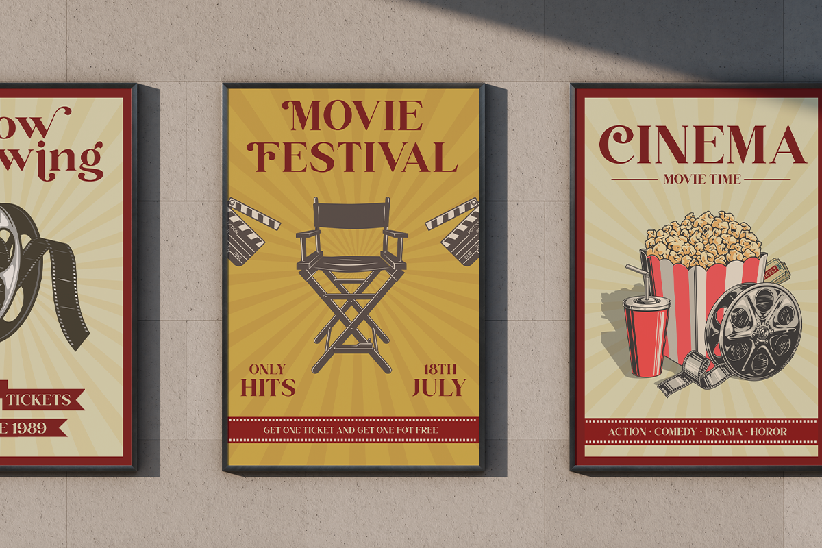 Vintage cinema posters with director chairs, film reels, popcorn on concrete wall mockup