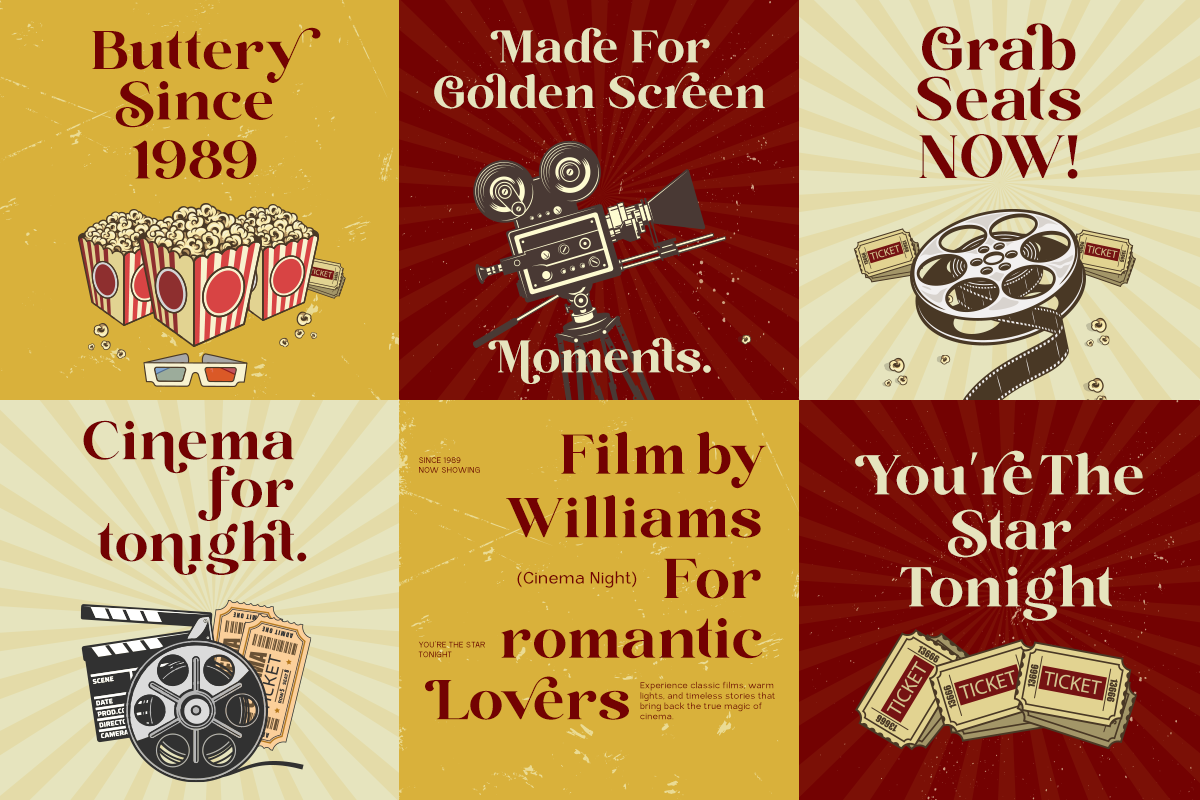 Vintage cinema poster grid with retro movie theater graphics, popcorn, film reels, tickets, cameras in gold, red, cream tones