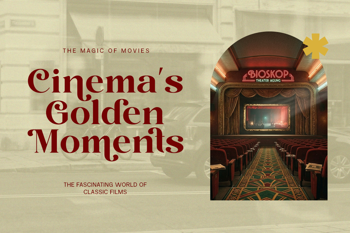 Vintage cinema theater interior with red velvet seats, ornate gold frame, neon sign, retro layout with burgundy typography