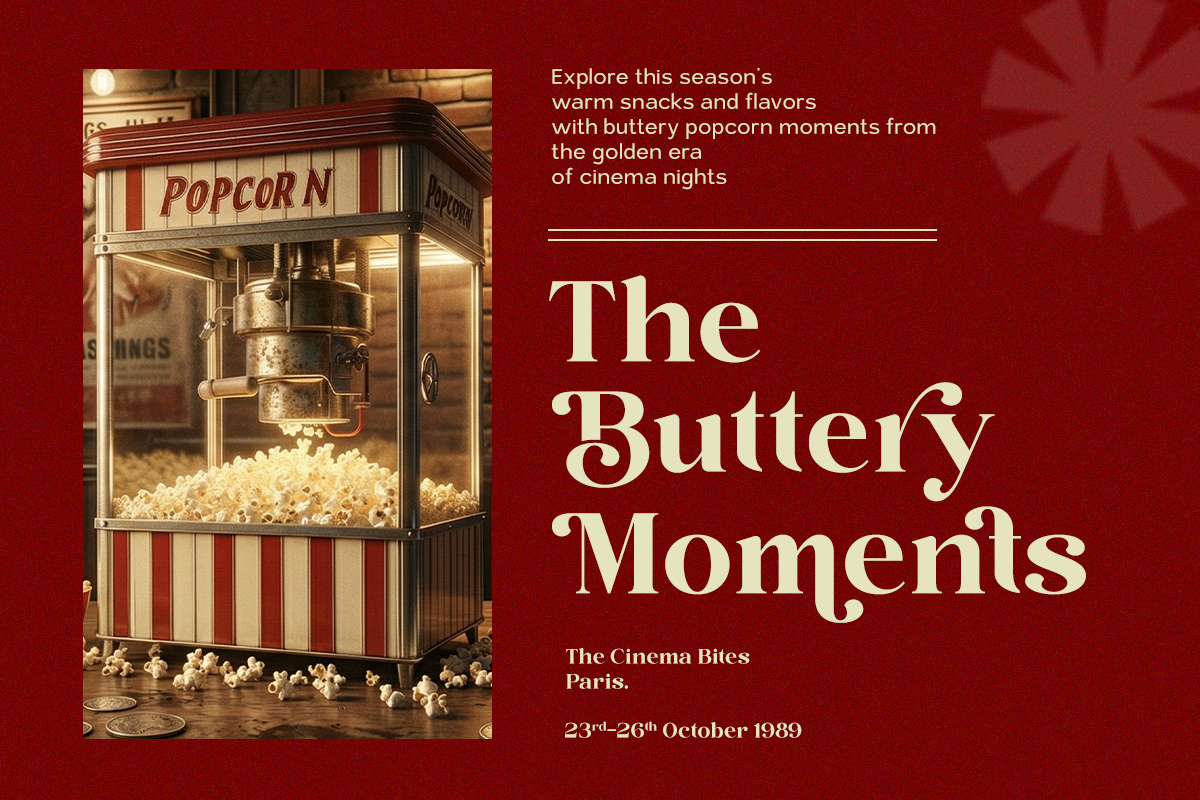 Vintage popcorn machine poster with retro cinema aesthetic on deep red background