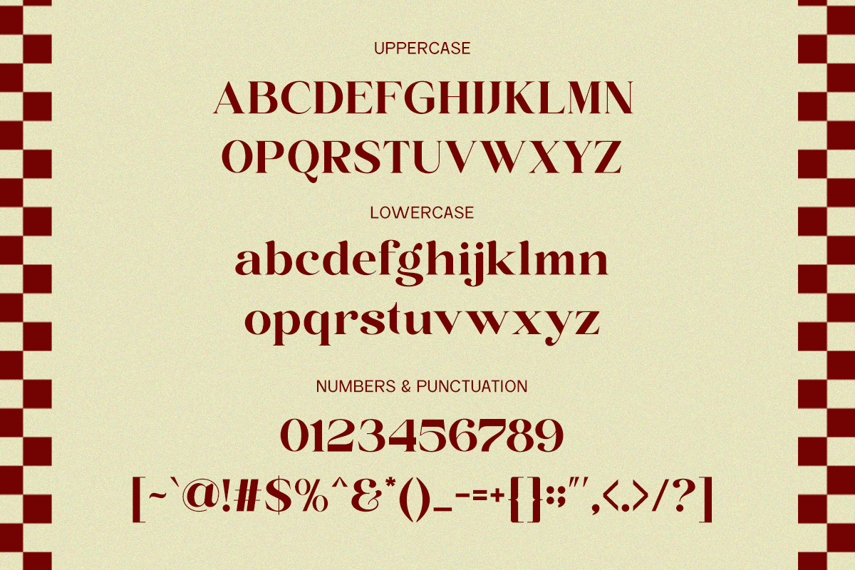 Serif font specimen showing uppercase, lowercase, numbers plus punctuation in deep burgundy on cream with pixelated border
