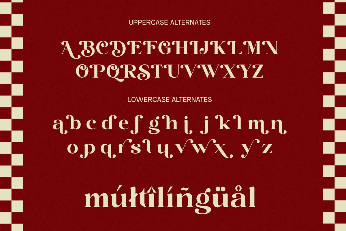 Serif font specimen showing uppercase, lowercase, multilingual characters on deep red background