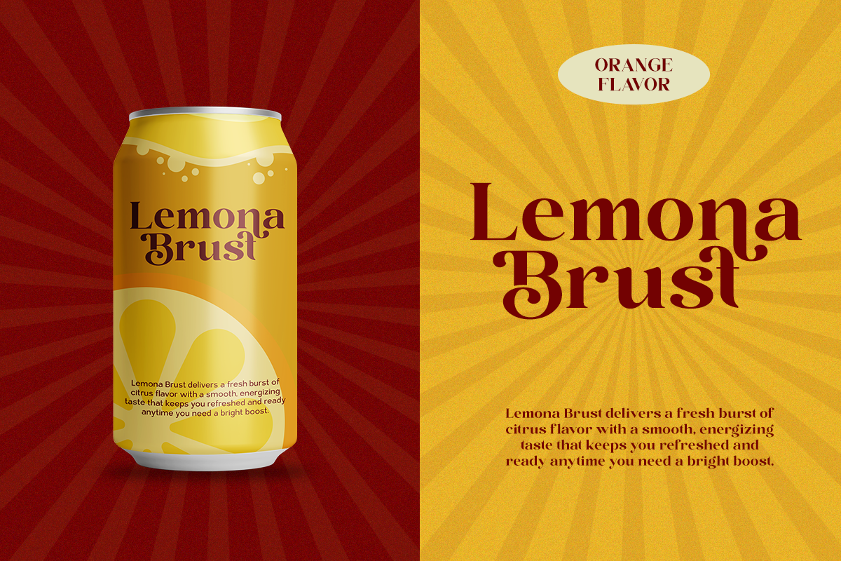 Lemon soda can mockup with retro sunburst background, split red to gold layout