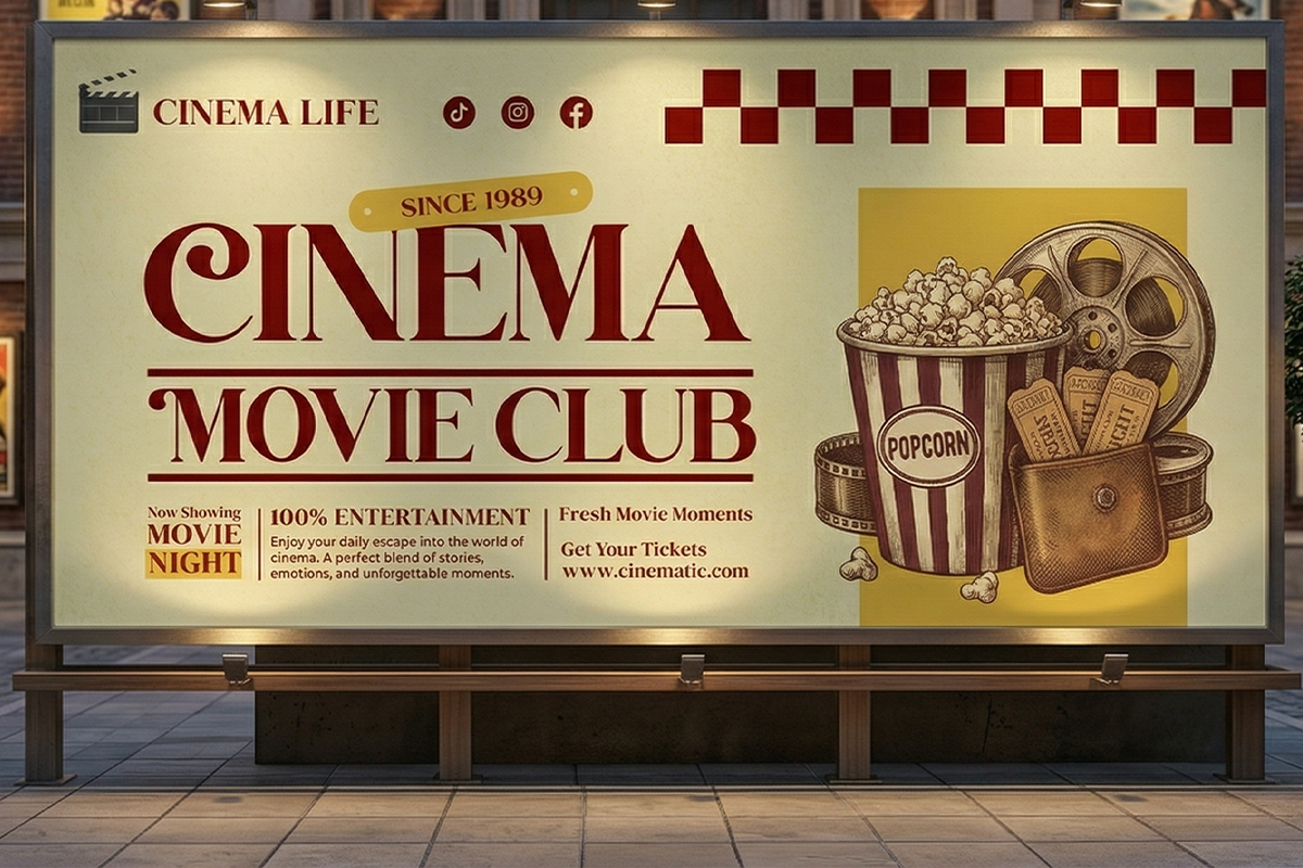Vintage cinema movie club billboard with popcorn, film reel, tickets in cream with burgundy type