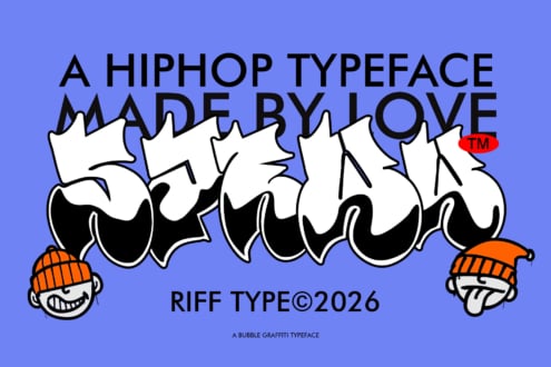 Bold bubble graffiti font with playful cartoon characters on bright blue background