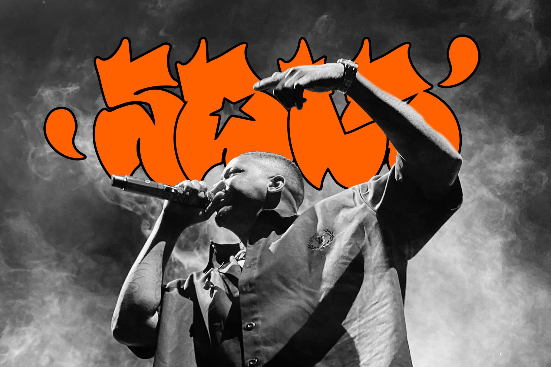 Retro black white photo of performer with bright orange graffiti-style speech bubble overlay
