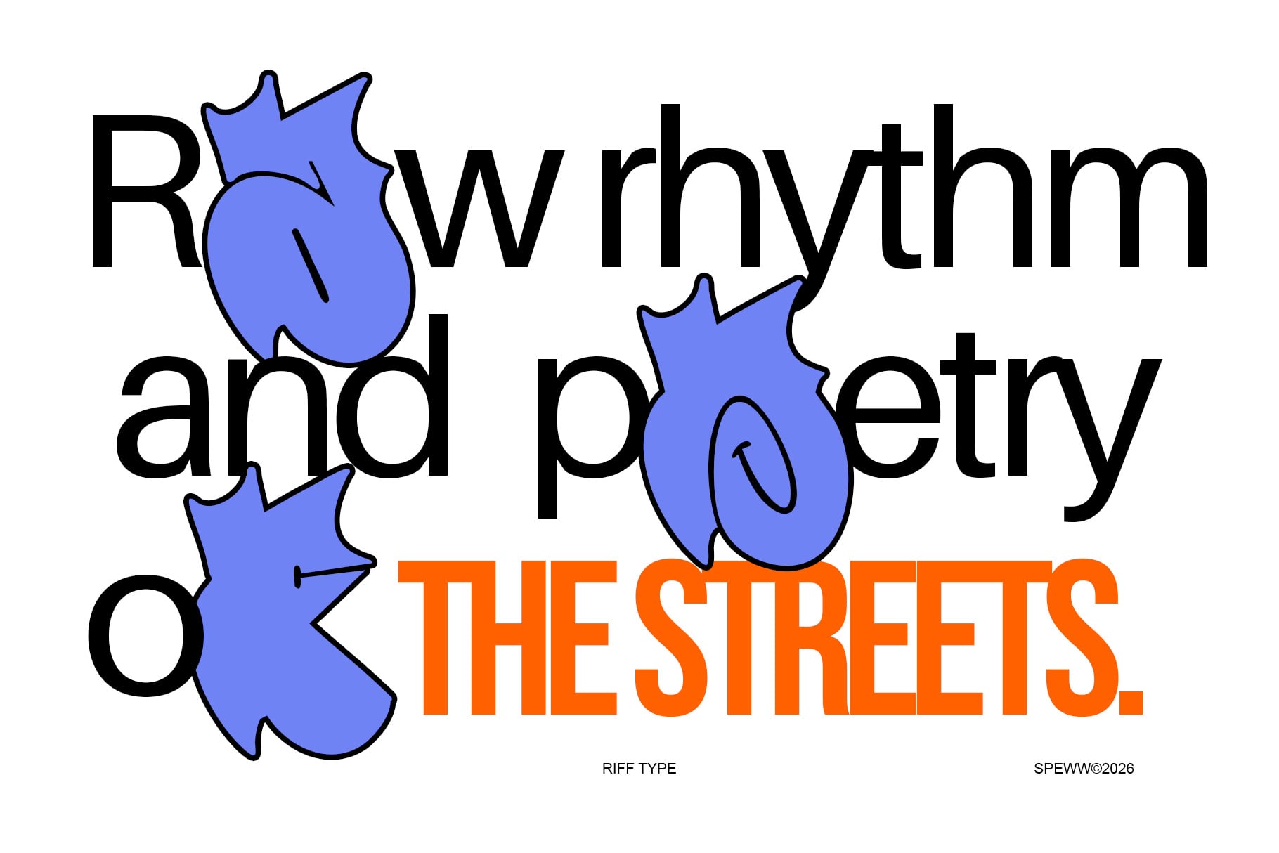 Row rhythm with blue heart illustrations breaking up bold black type plus orange accent text