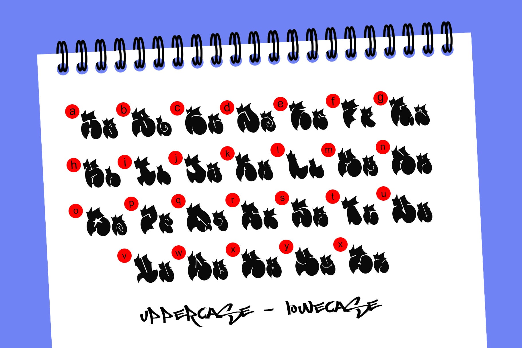 Spiral notebook page showing complete alphabet in black graffiti style letters with red numbered circles