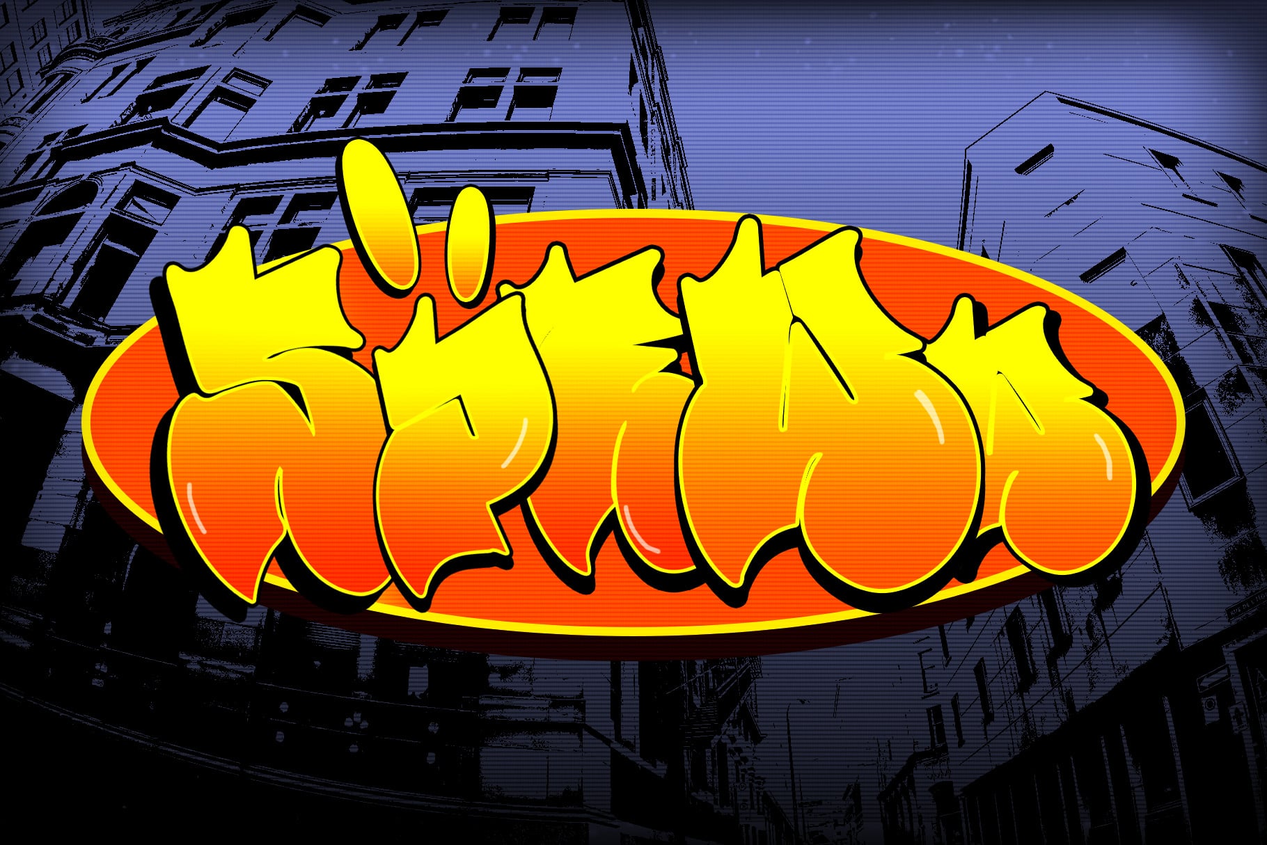 Bright yellow graffiti tag with orange oval background mounted on urban building facade