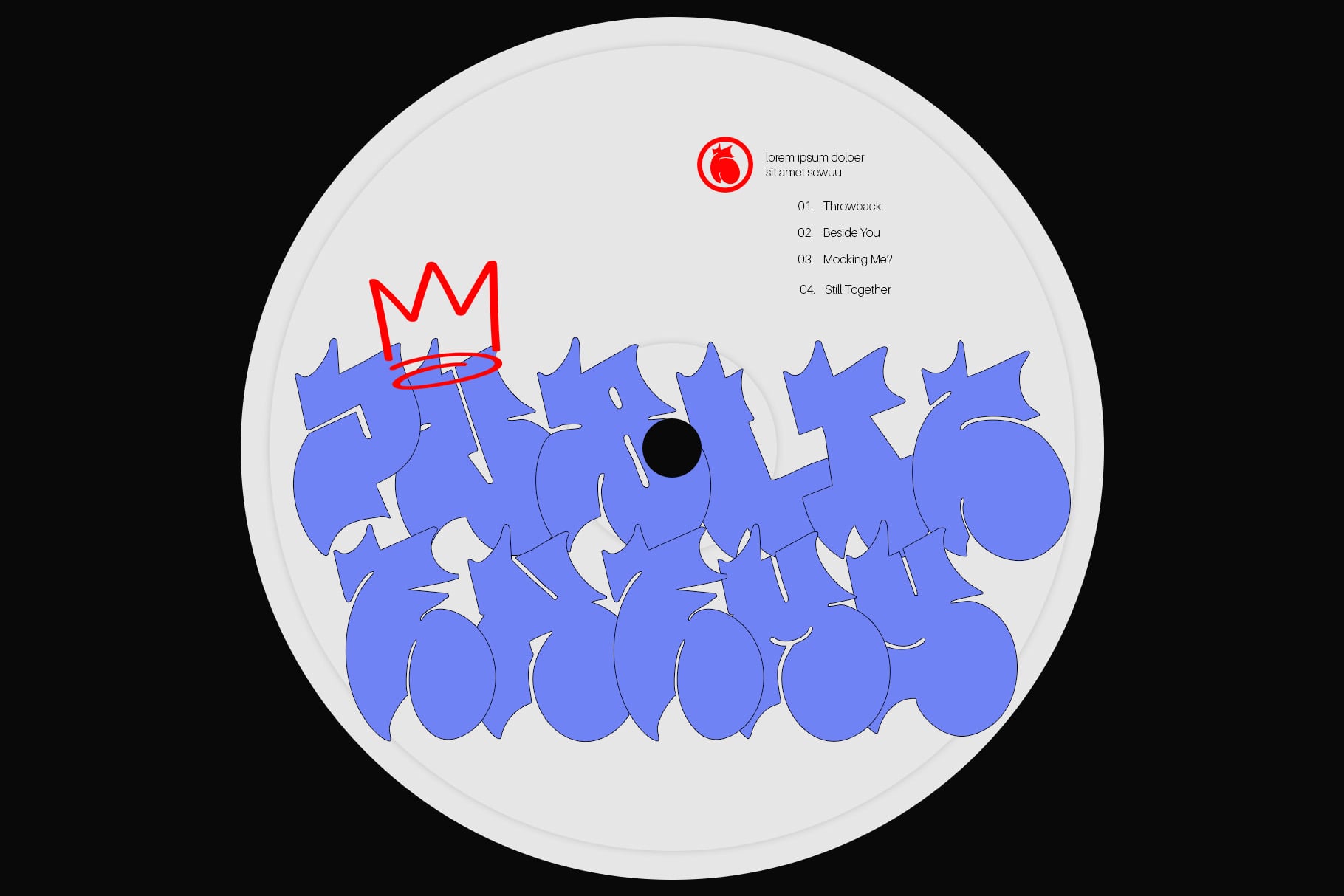 Vinyl record mockup with bold blue graffiti lettering, red circular logo, track listing on cream label