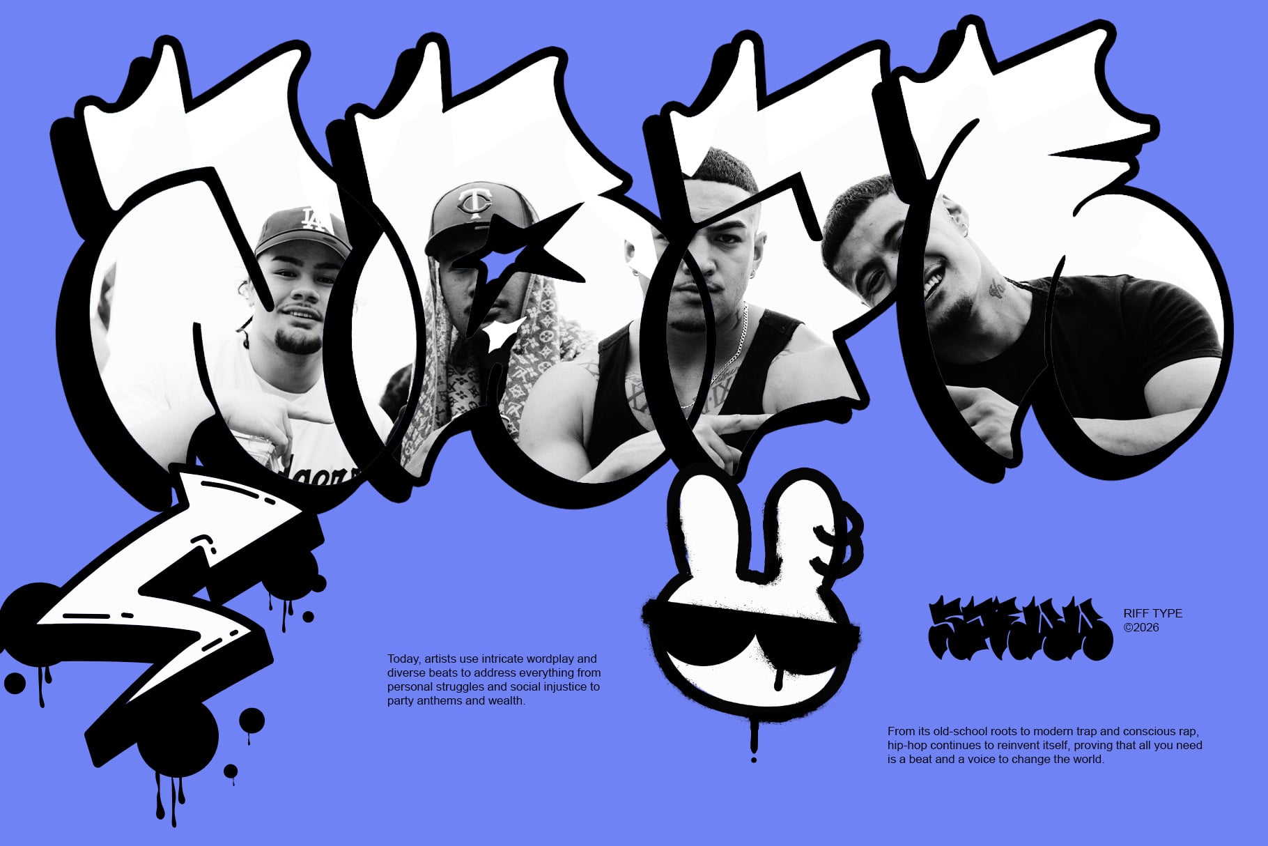 Bold graffiti style poster with five rappers in black circle frames on bright blue background