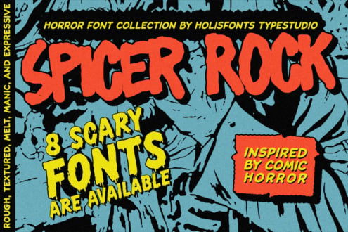 Splatter Rock horror font collection with 8 scary typefaces inspired by comic book design