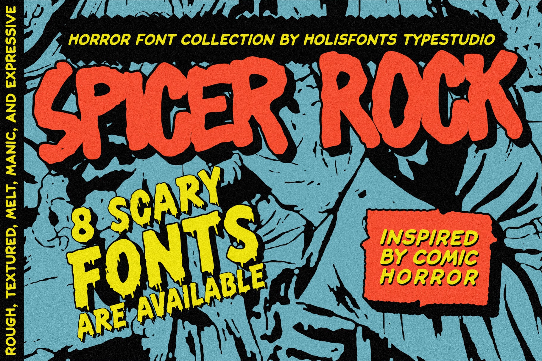 Splatter Rock horror font collection with 8 scary typefaces inspired by comic book design