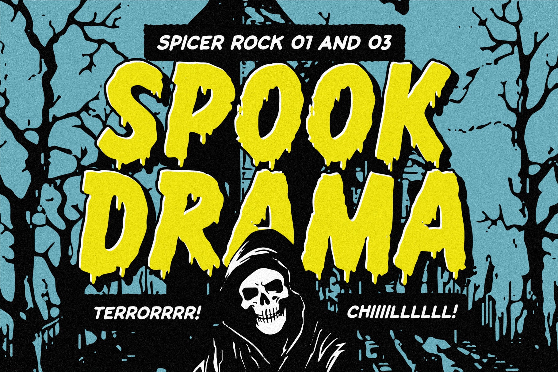 Spooky Drama font in dripping yellow with grim reaper, dead trees on blue backdrop