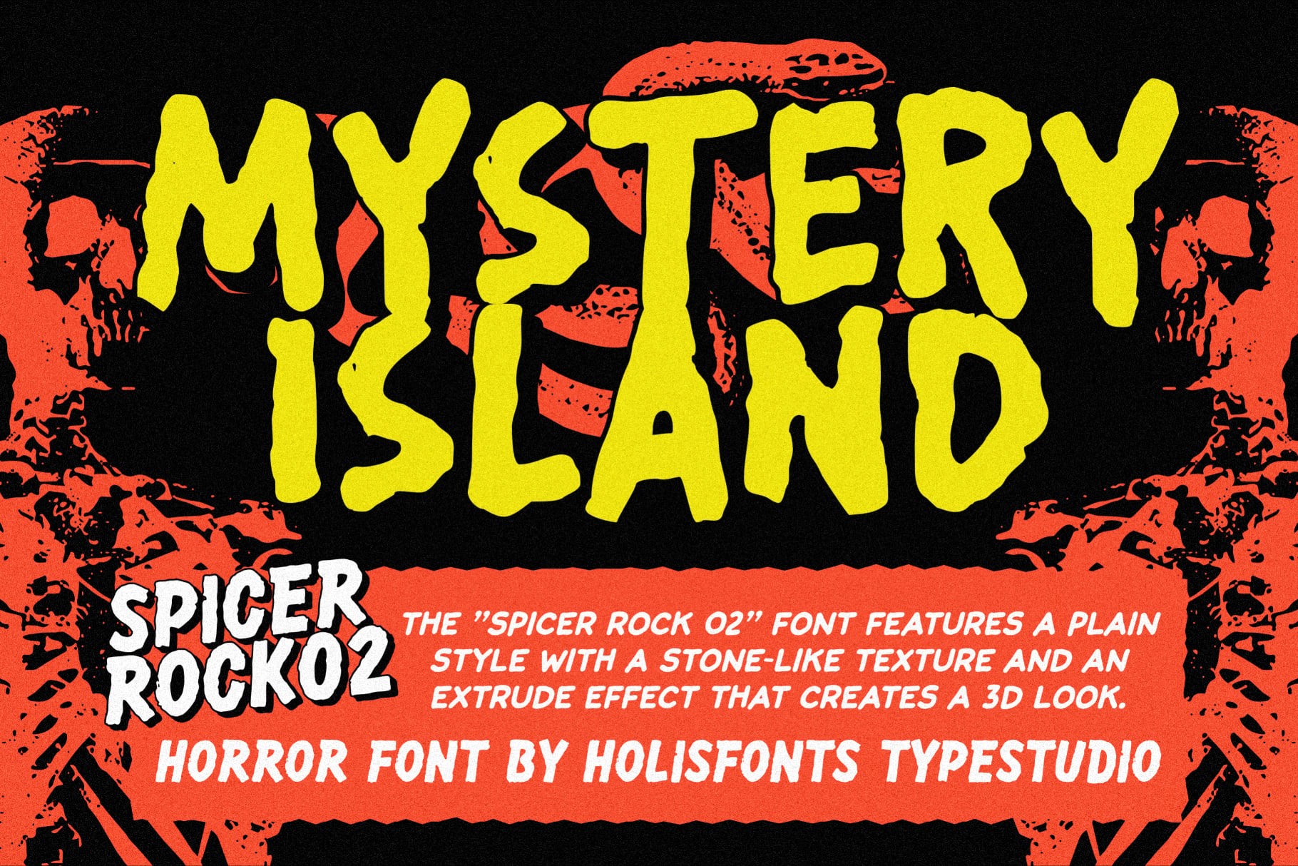 Bold yellow horror font with red skulls on black background, grungy texture throughout