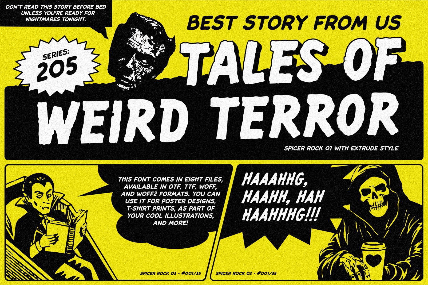 Retro horror comic book cover mockup with bold yellow, black, white featuring creepy skull imagery