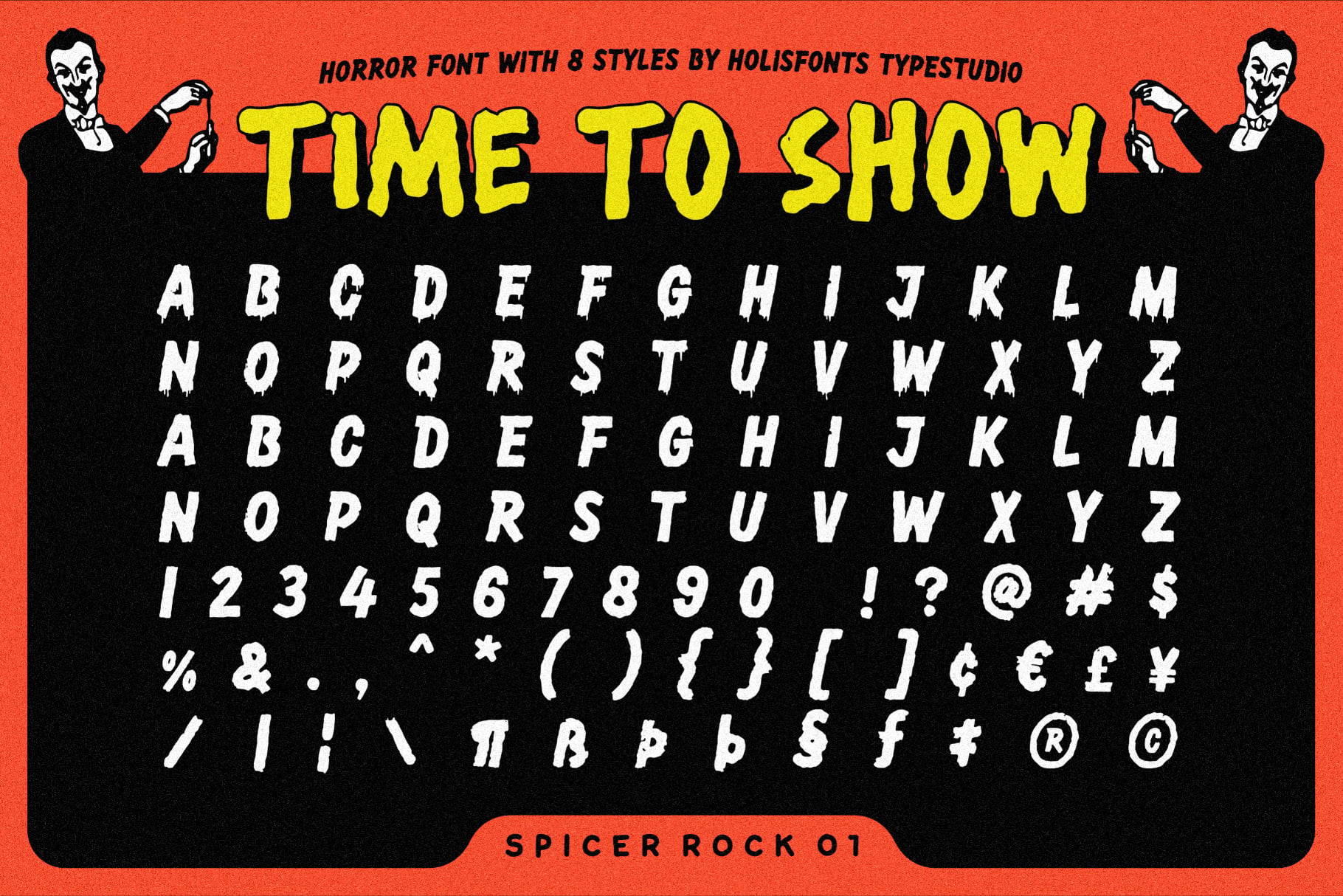 Bold horror font with 8 styles, creepy vampires, yellow title text, full character set with numbers plus symbols