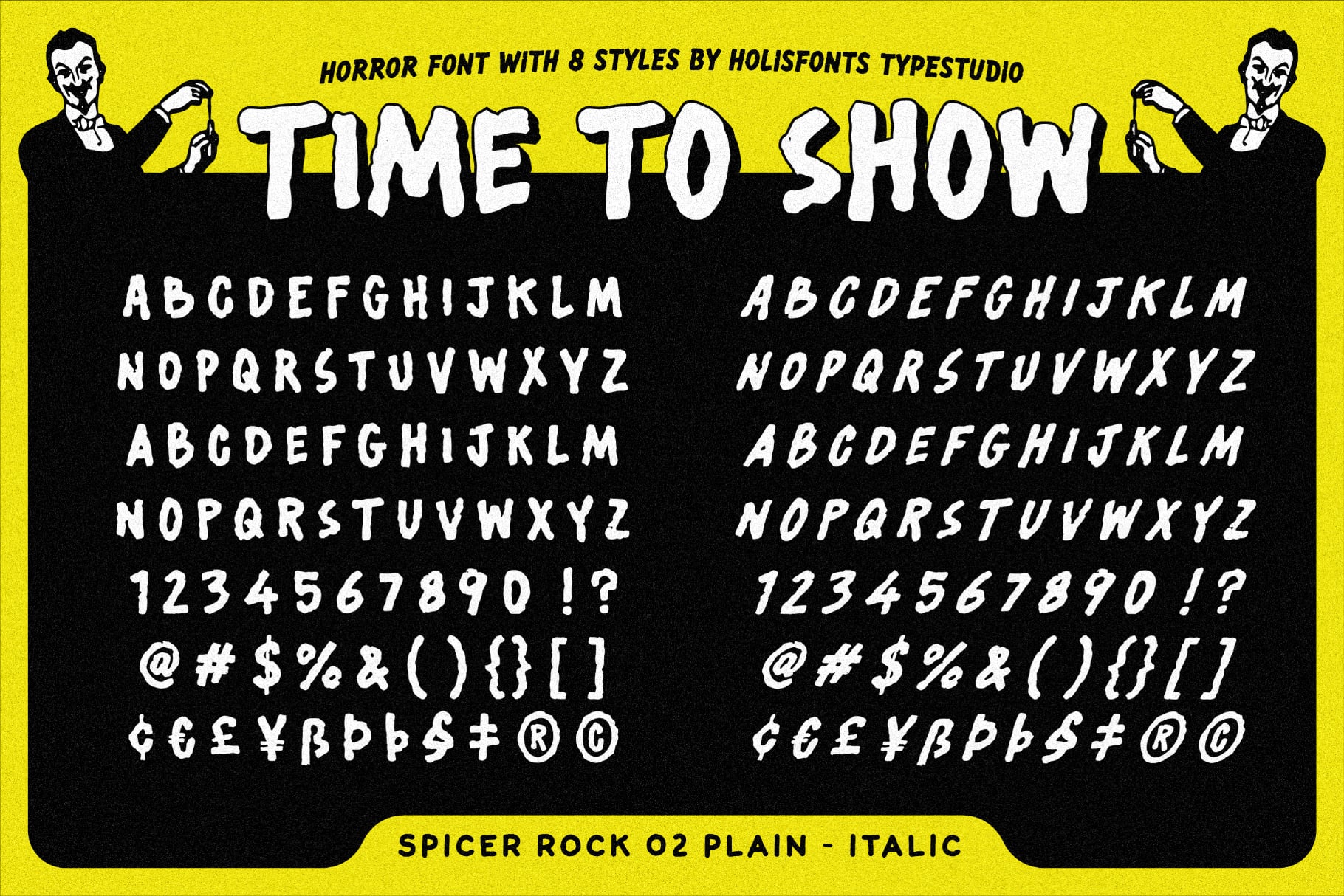 Horror font with 8 styles showing alphabet, numbers, symbols on bright yellow background with vintage vampire characters