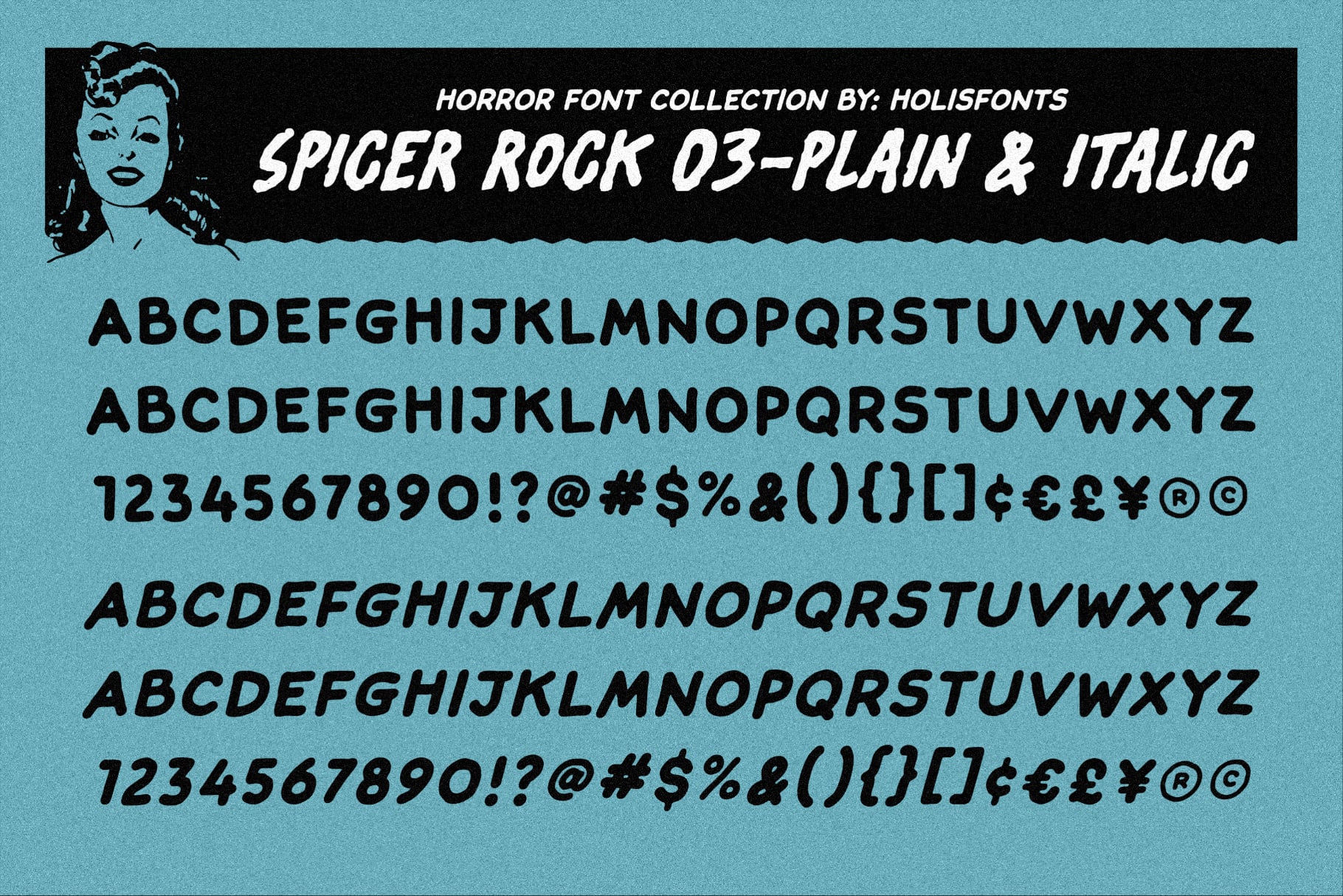 Spicer Rock 03 horror font with plain italic styles showing full character set on blue background