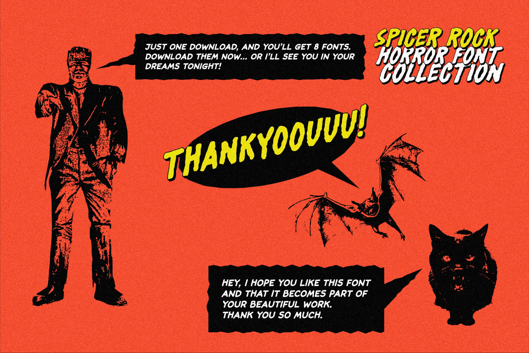 B-movie horror vibes with frankenstein, demon, cat silhouettes on bright orange background