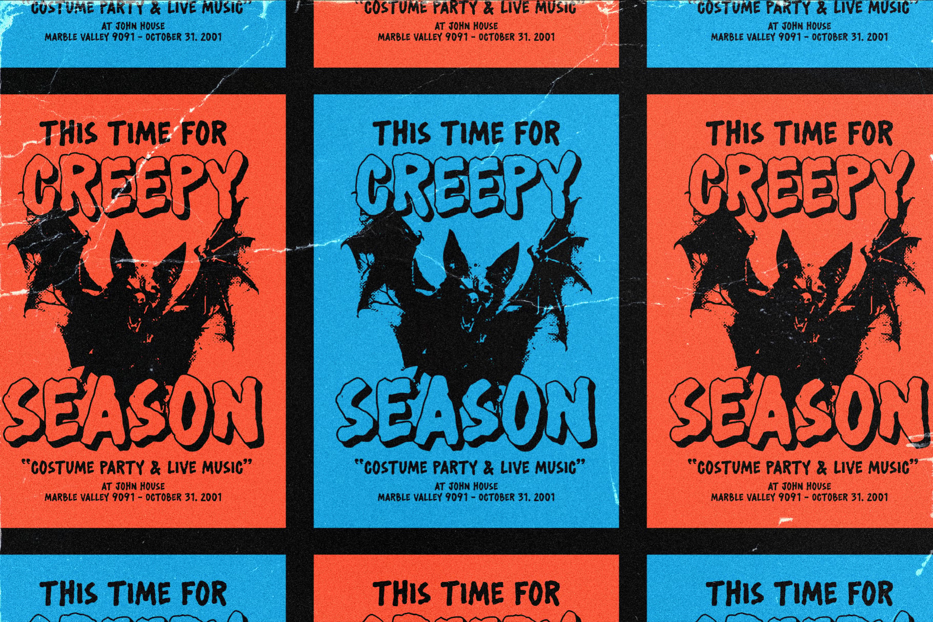 Retro Halloween party flyer mockup in bright blue or coral with creepy monsters, grungy texture throughout