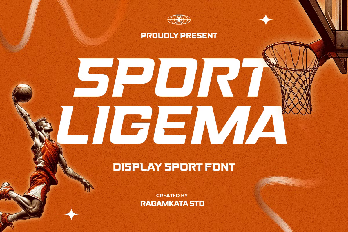Sport Ligema display font with basketball player, hoop, ball on vibrant orange background