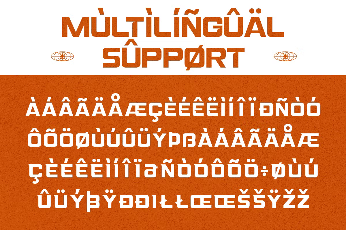 Multilingual support font specimen showing extended character set with global diacritics on burnt orange background