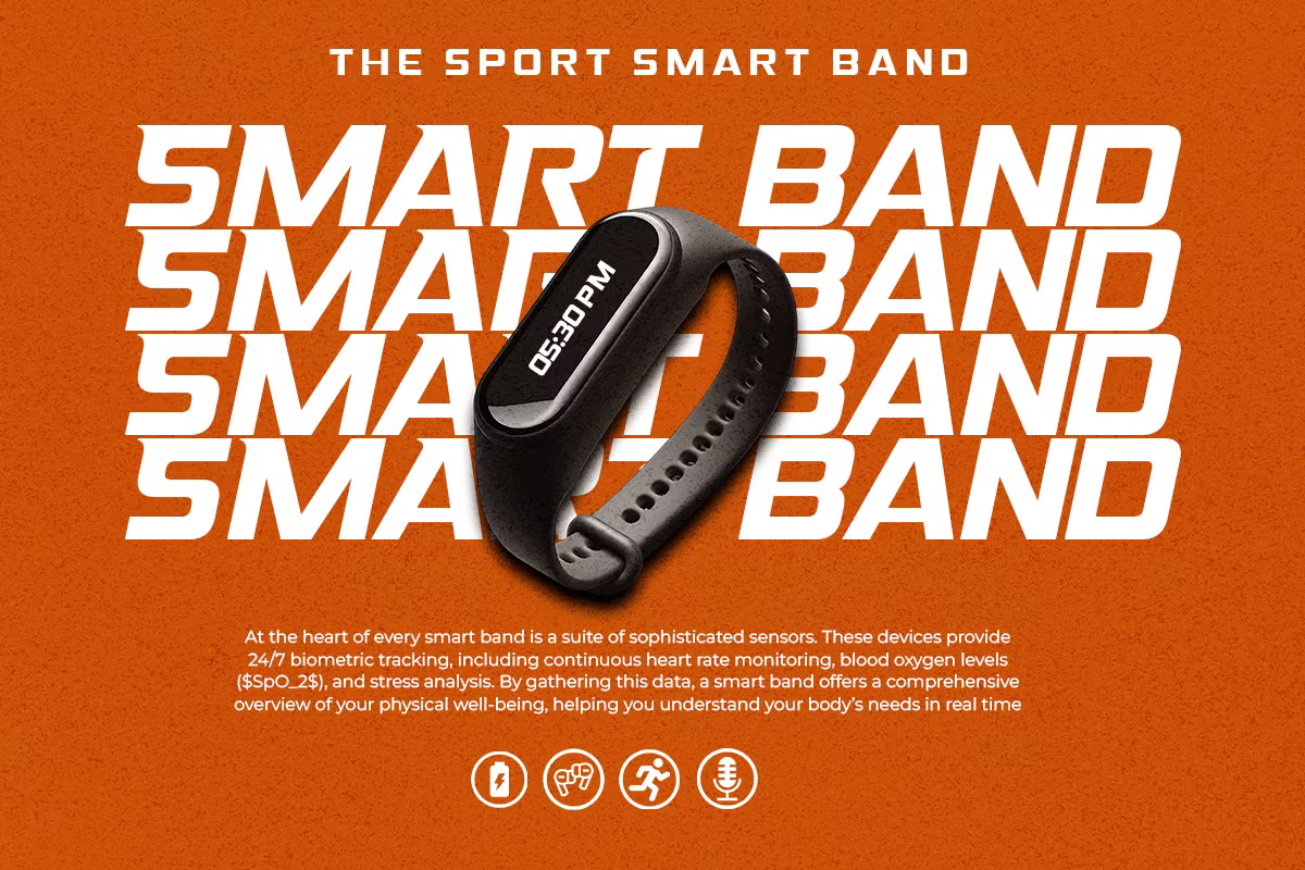 Black fitness tracker on vibrant orange background with repeated "Smart Band" text overlay