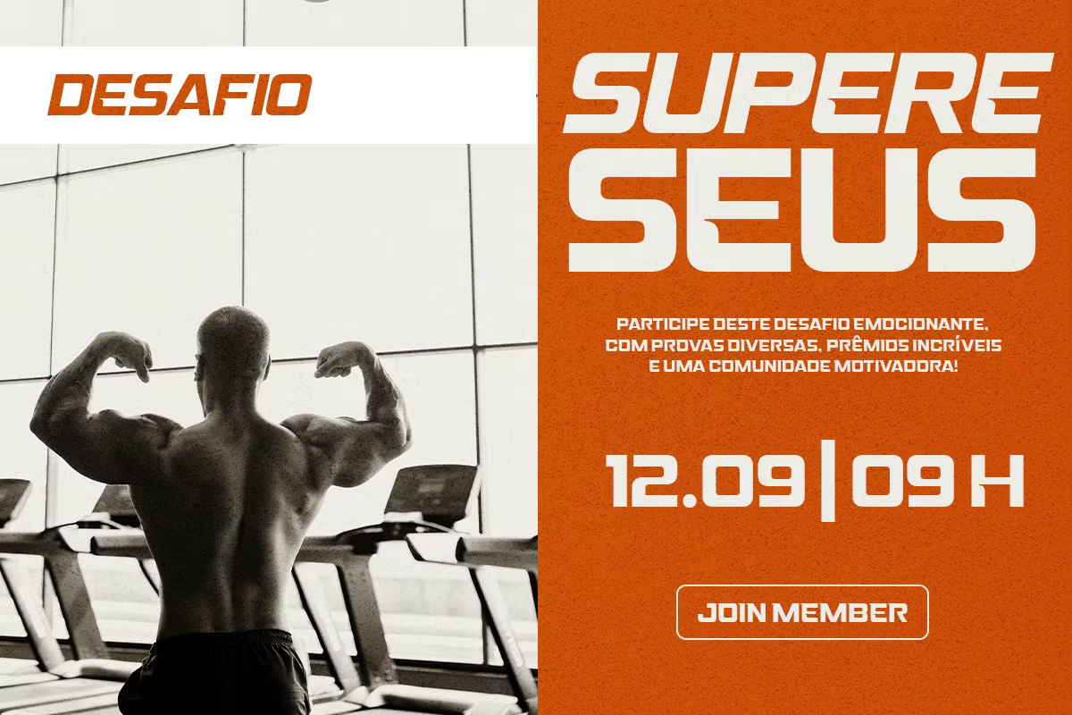 Gym event poster split layout with shirtless guy flexing in gym, orange side with bold white typography for fitness challenge