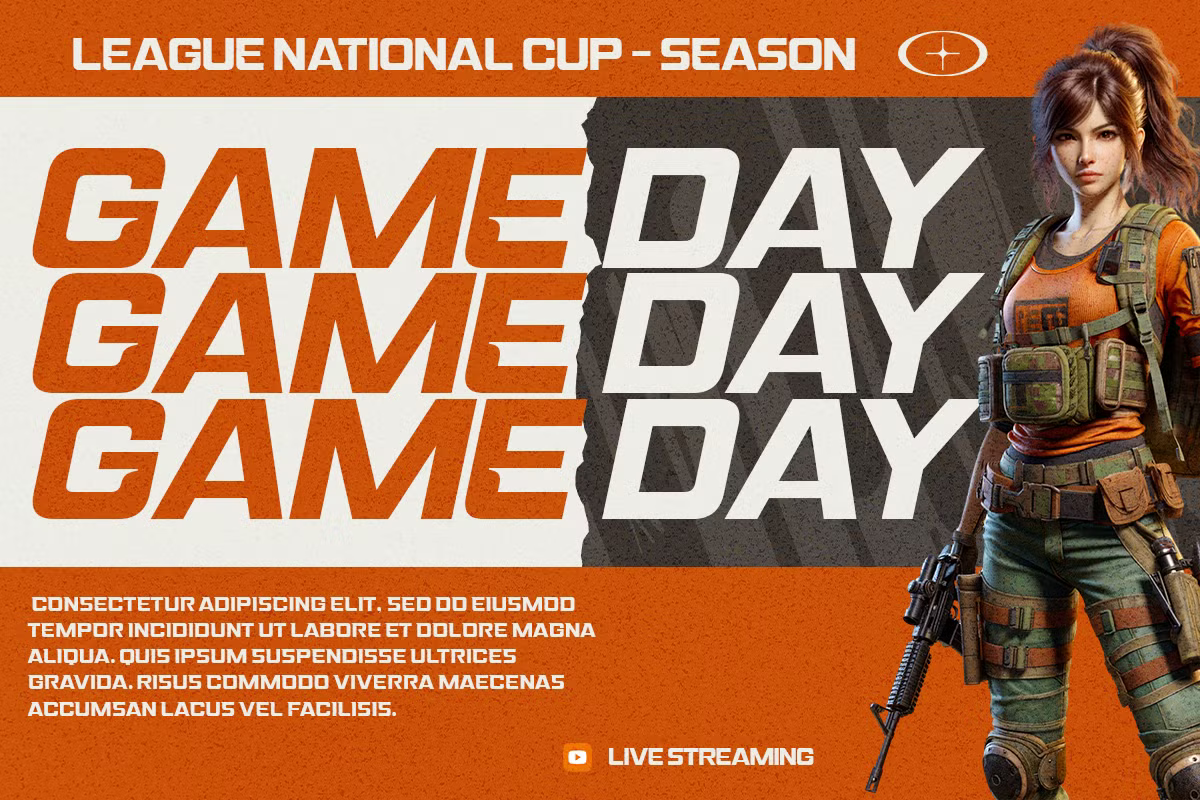 Gaming stream overlay with orange bold typography, female character in tactical gear, live streaming badge