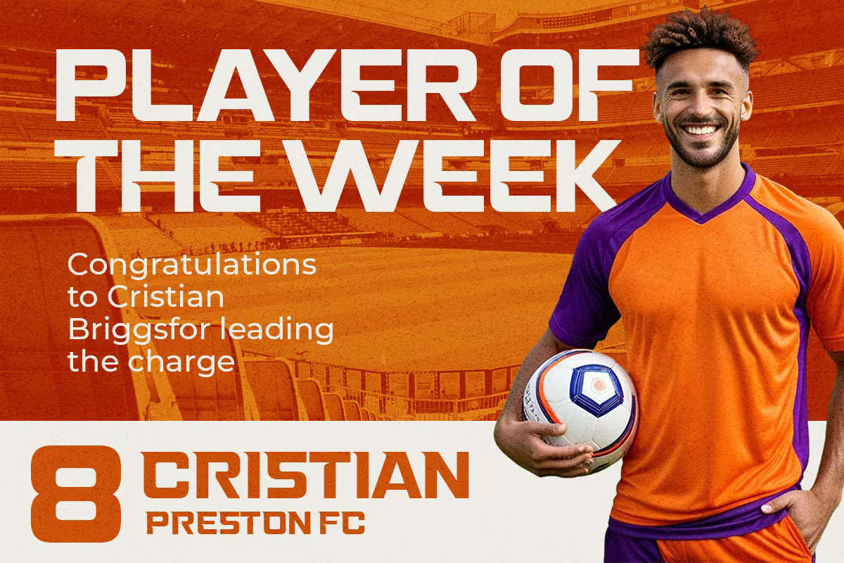 Soccer player in orange purple kit holding ball with player of week text overlay