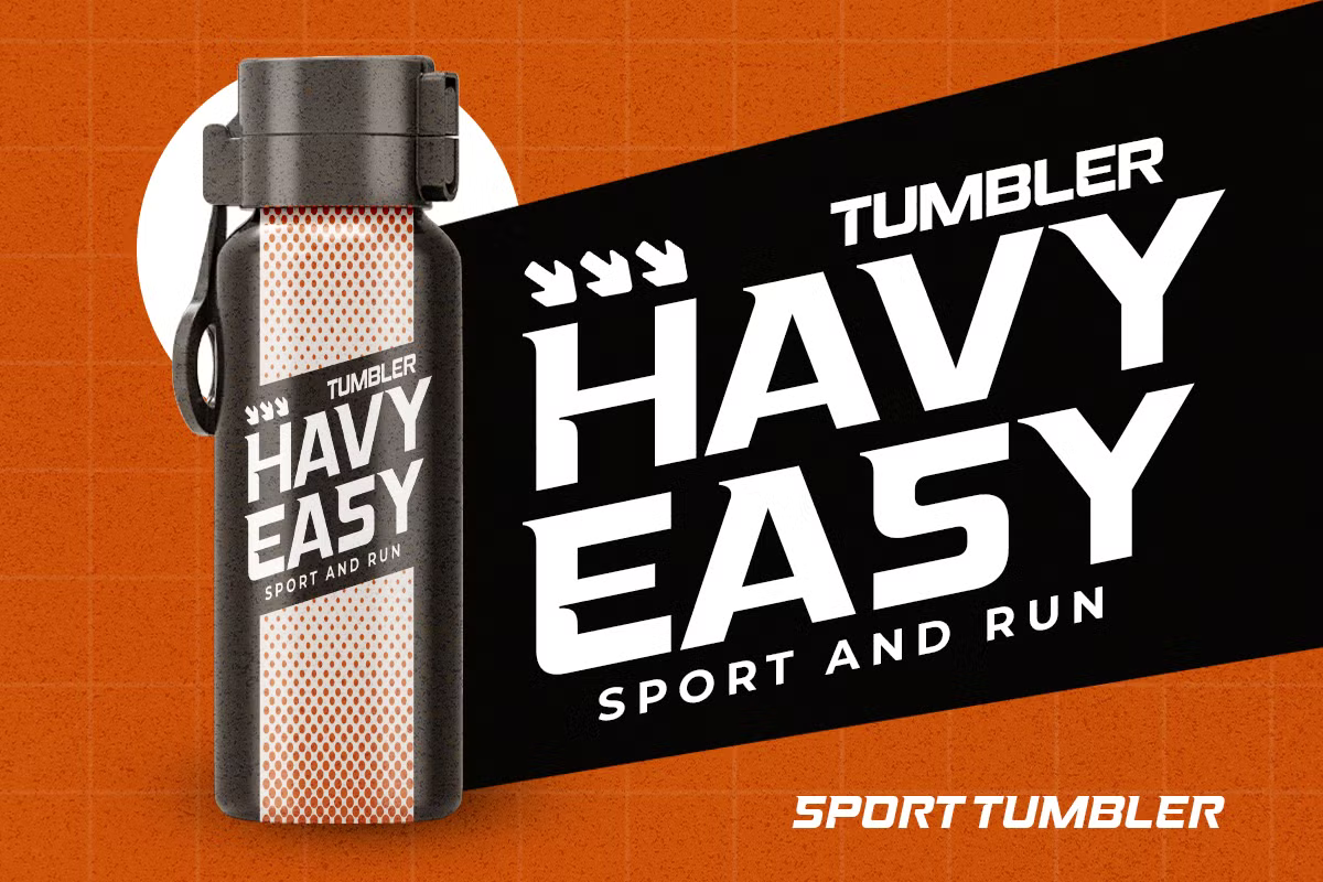 Sport water bottle mockup with bold typography on orange background, showing tumbler with mesh wrap design