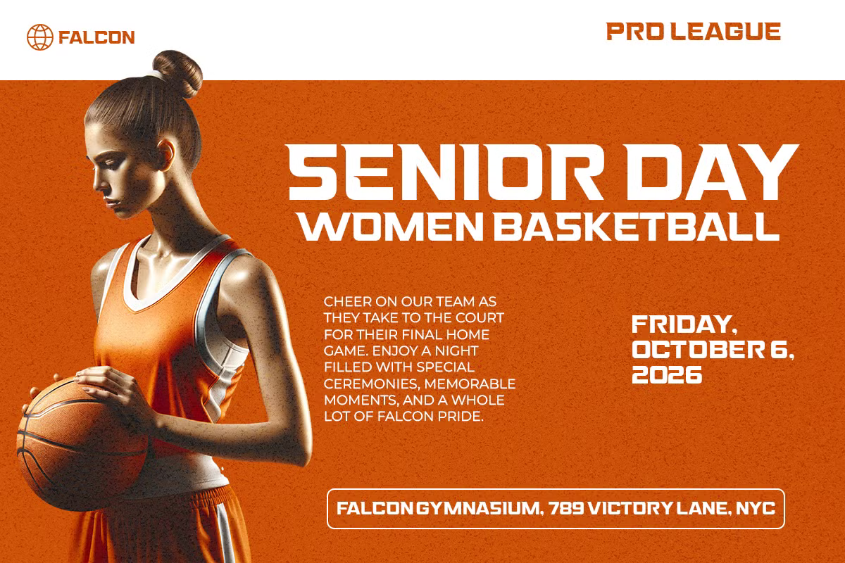 Female basketball player in orange jersey holding ball on bright orange background with event details