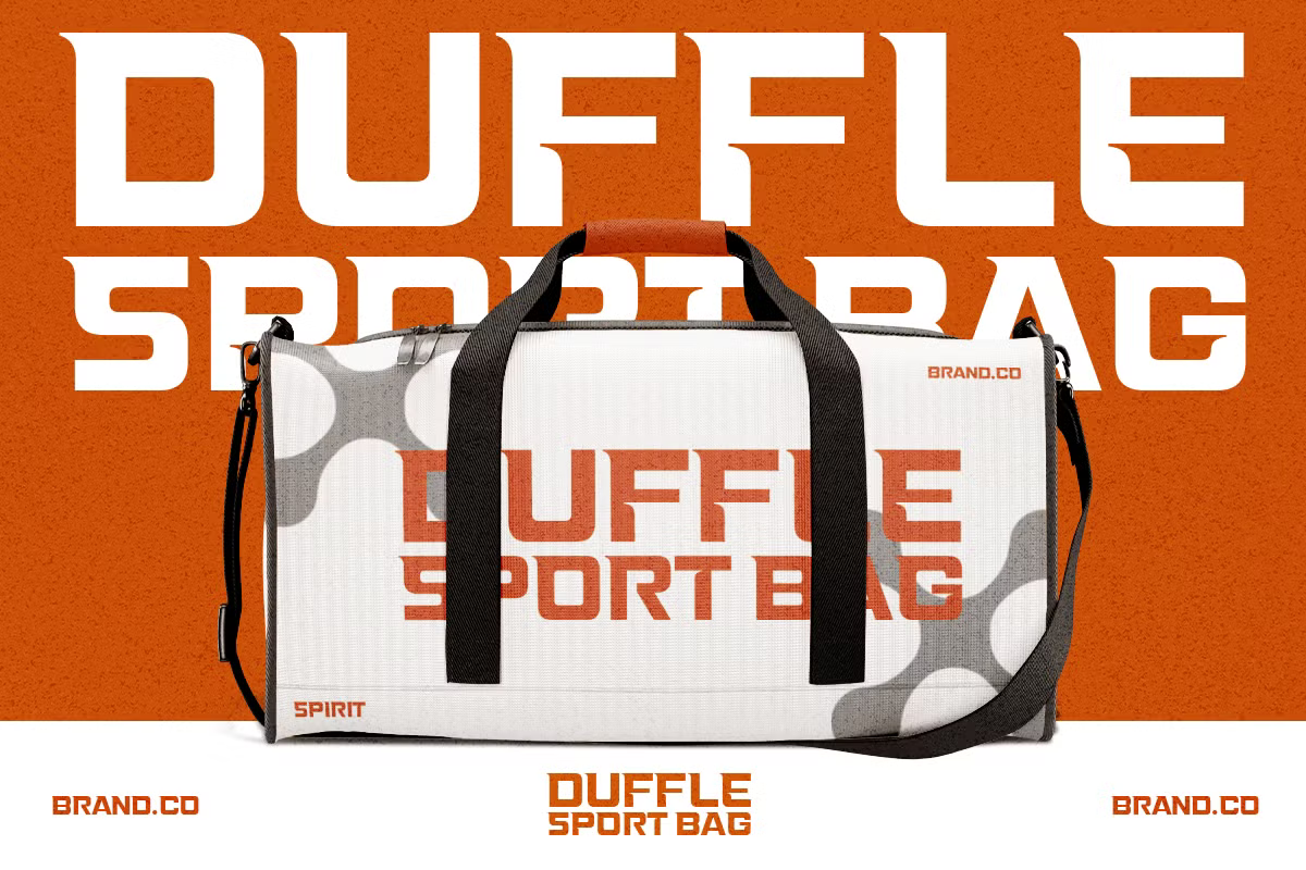 Cream duffle bag mockup with orange branding, black handles, polka dot side panel on burnt orange background