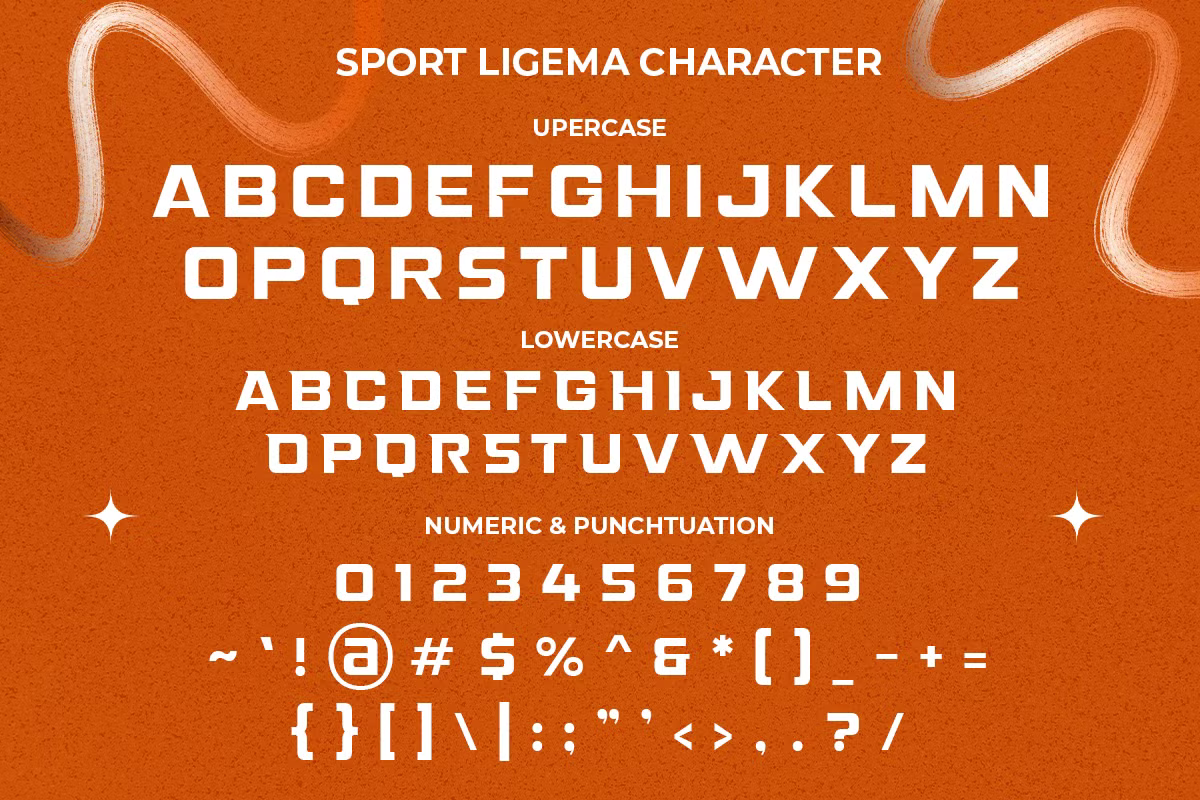 Sport Ligema font family displaying uppercase, lowercase, numbers, symbols on burnt orange background
